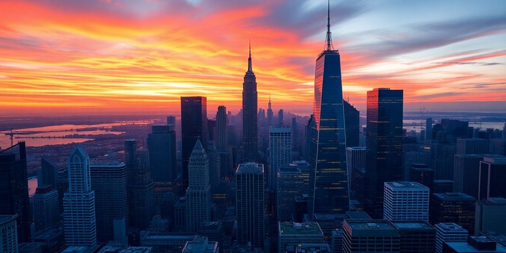 Vibrant skyline of a financial district at sunset.