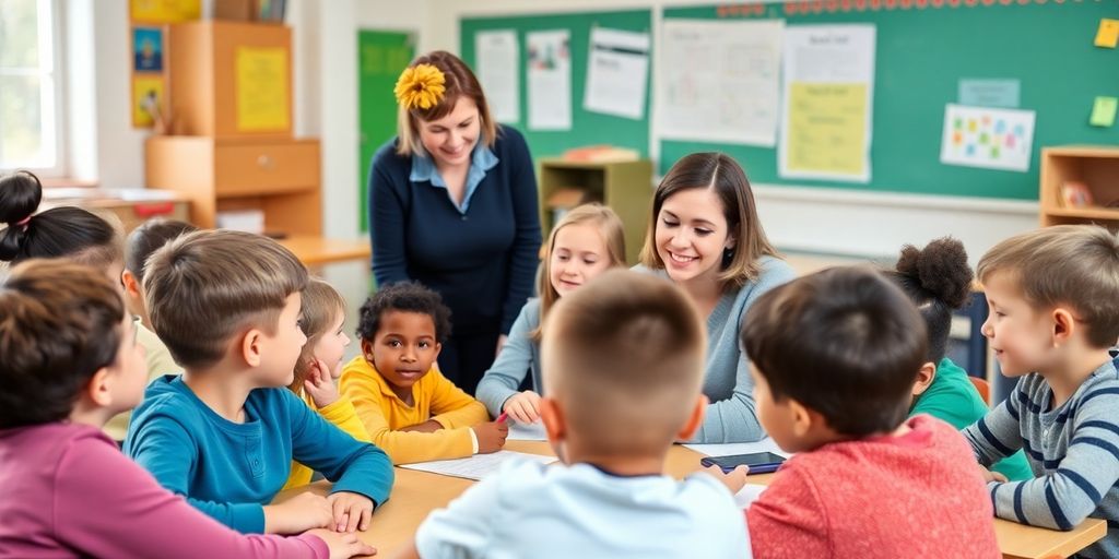 Schulbegleiter hilft Schülern im Klassenzimmer.