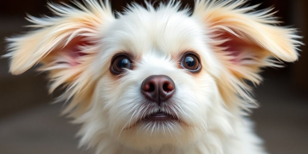 A fluffy white dog with floppy ears looking playful.