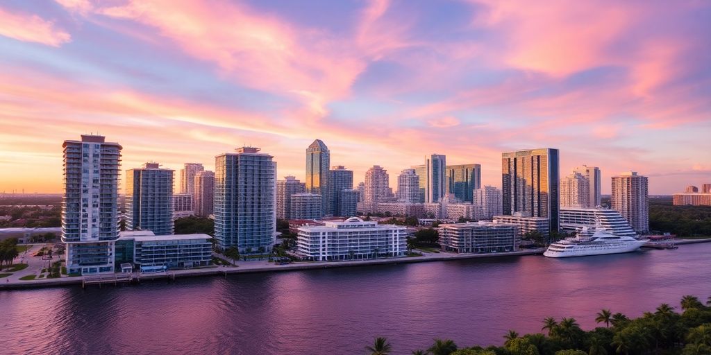 Tampa skyline with waterfront homes.