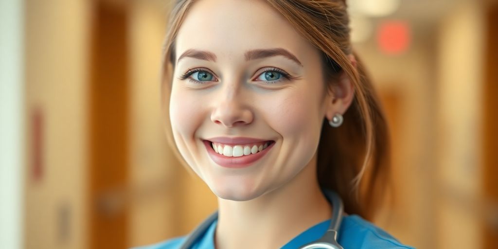 Young nurse smiling, holding a stethoscope.