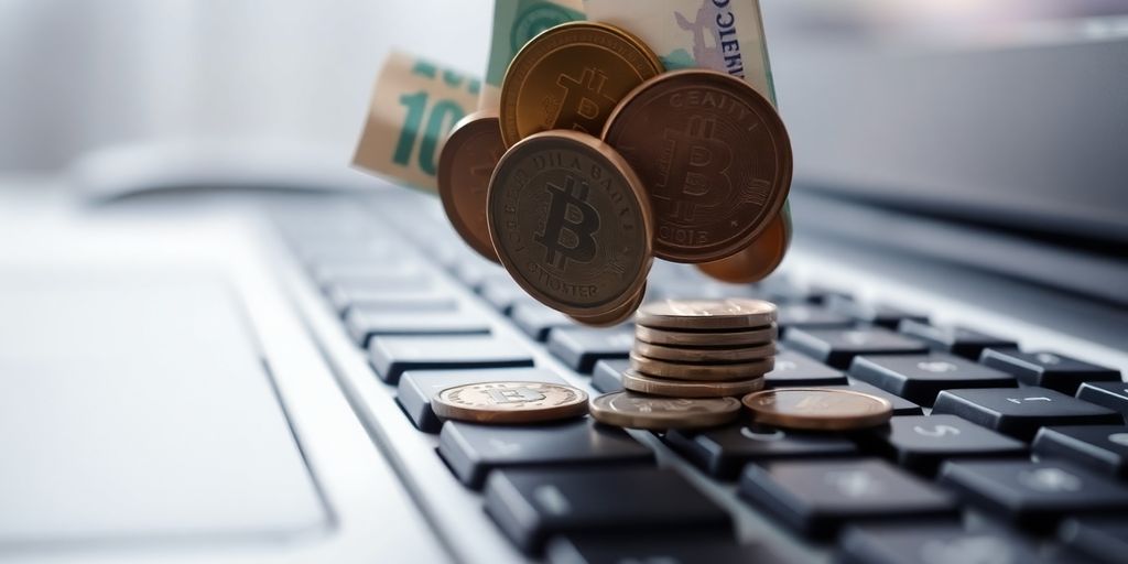 Moedas e notas flutuando sobre um teclado de computador.