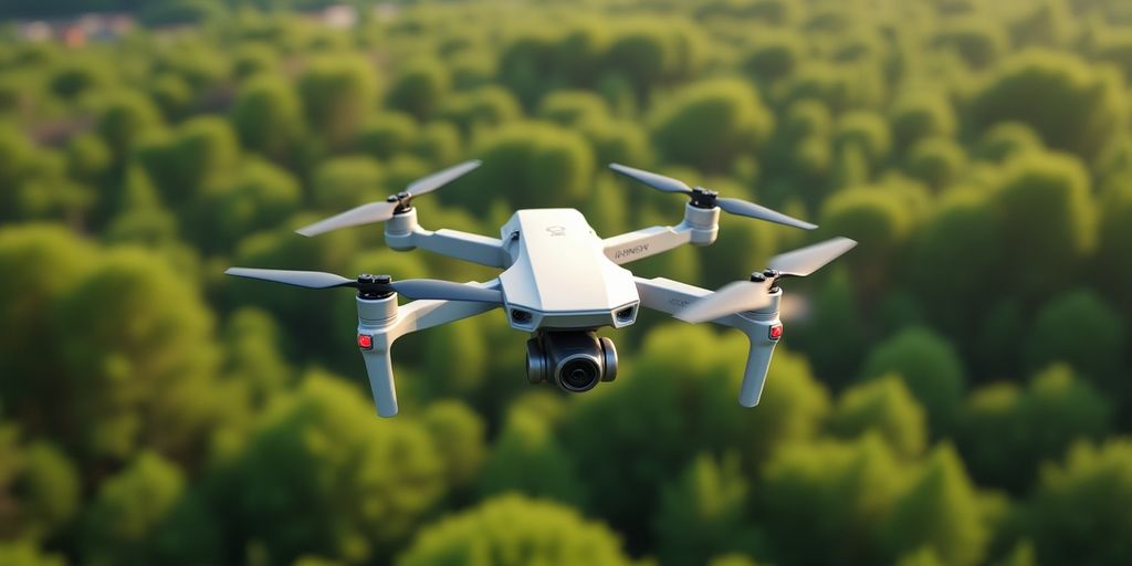 Drone survolant un paysage verdoyant.