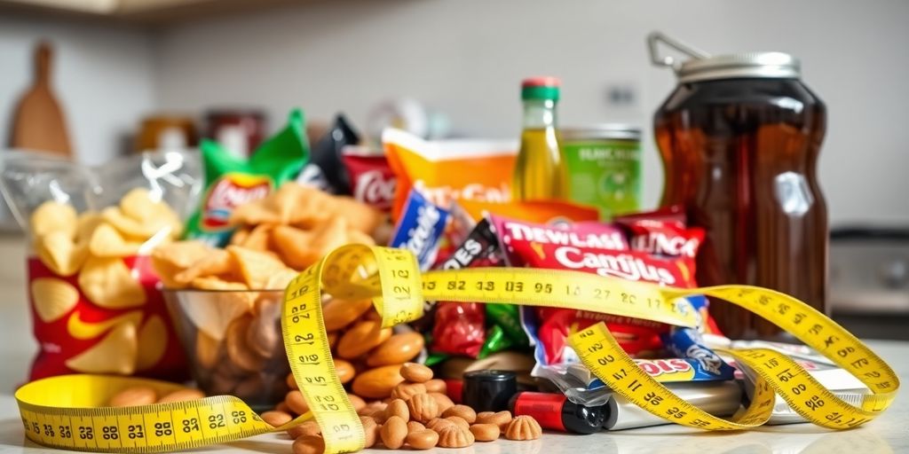 Unhealthy snacks next to a measuring tape