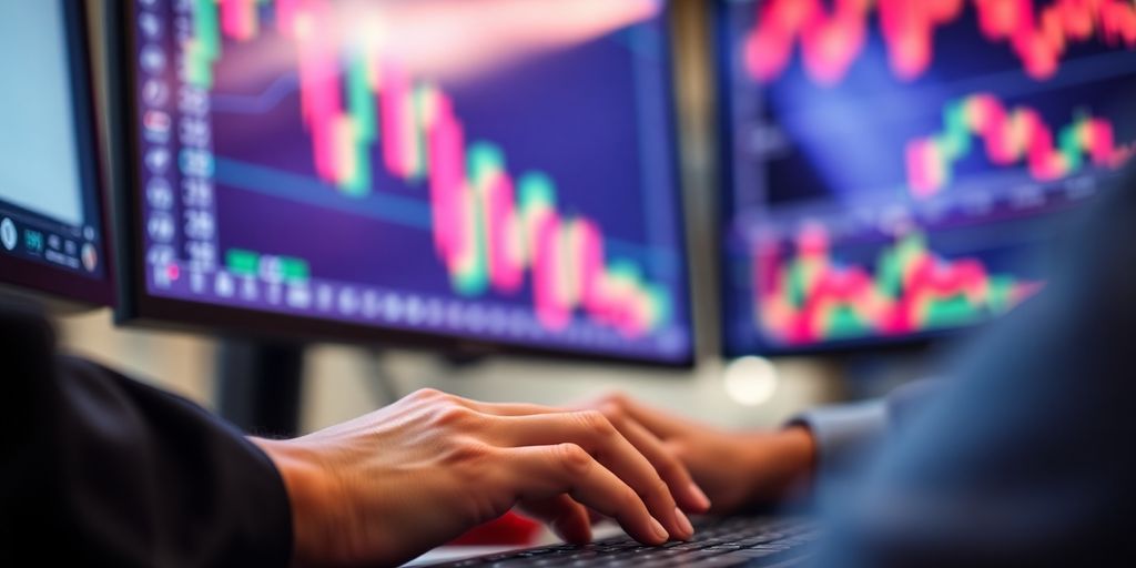 Trader's hands on keyboard, charts on screen.