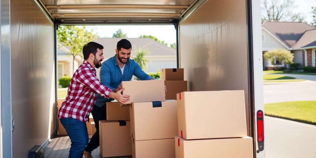 Professional movers packing boxes into a moving truck.