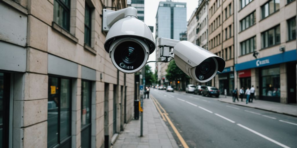Modern CCTV camera on building corner