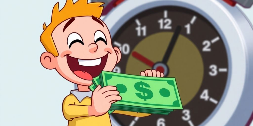 Cartoon hands holding cash and a clock.
