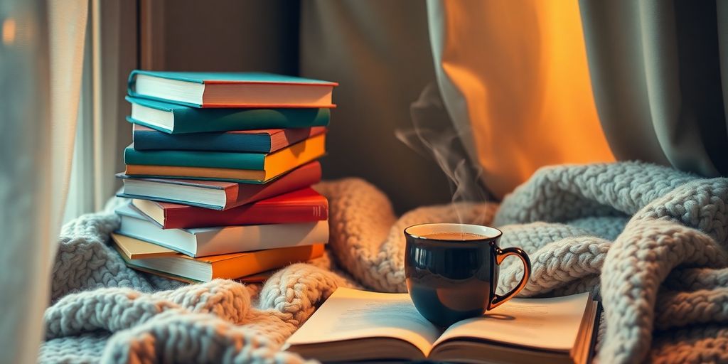 Cozy reading nook with colorful books and coffee.