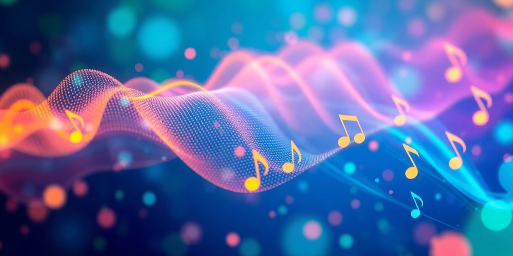 AI music generation interface with abstract sound waves.
