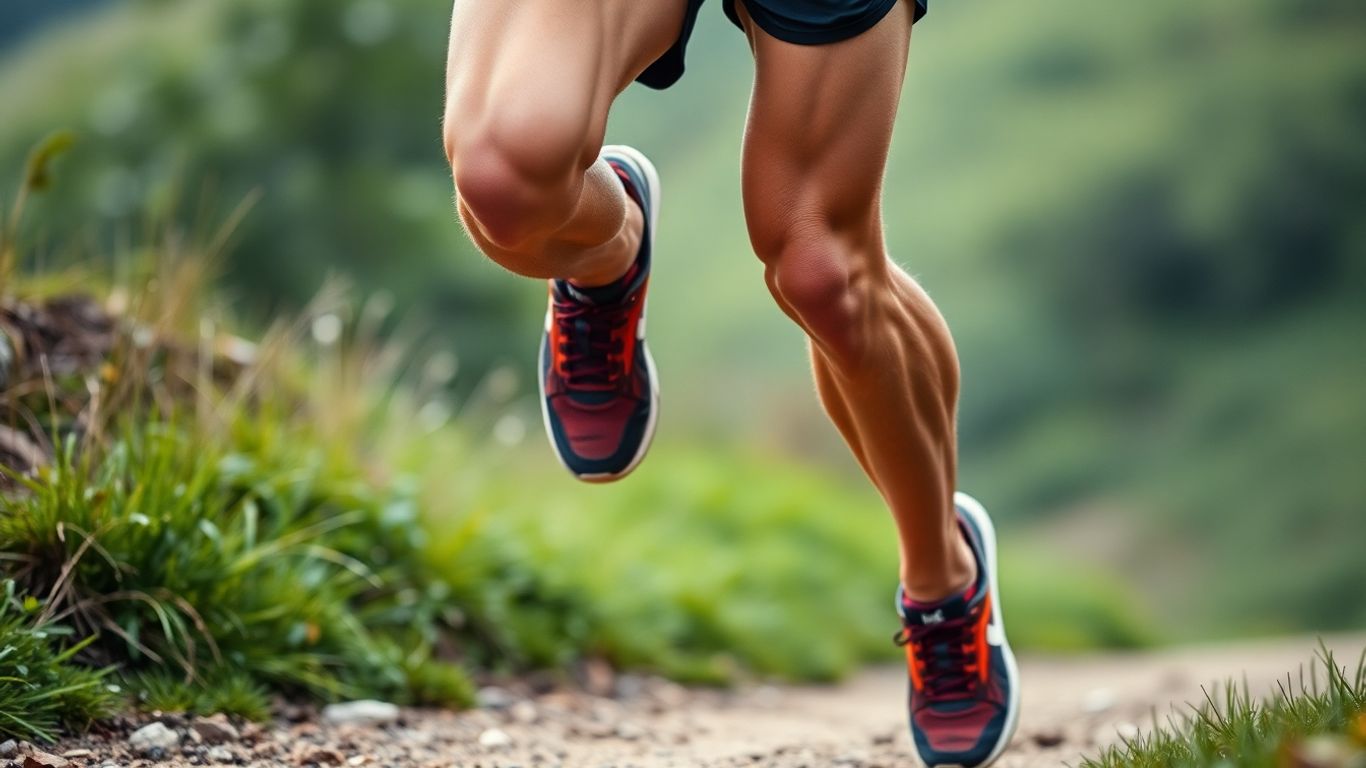 Runner's strong legs in motion on a trail.