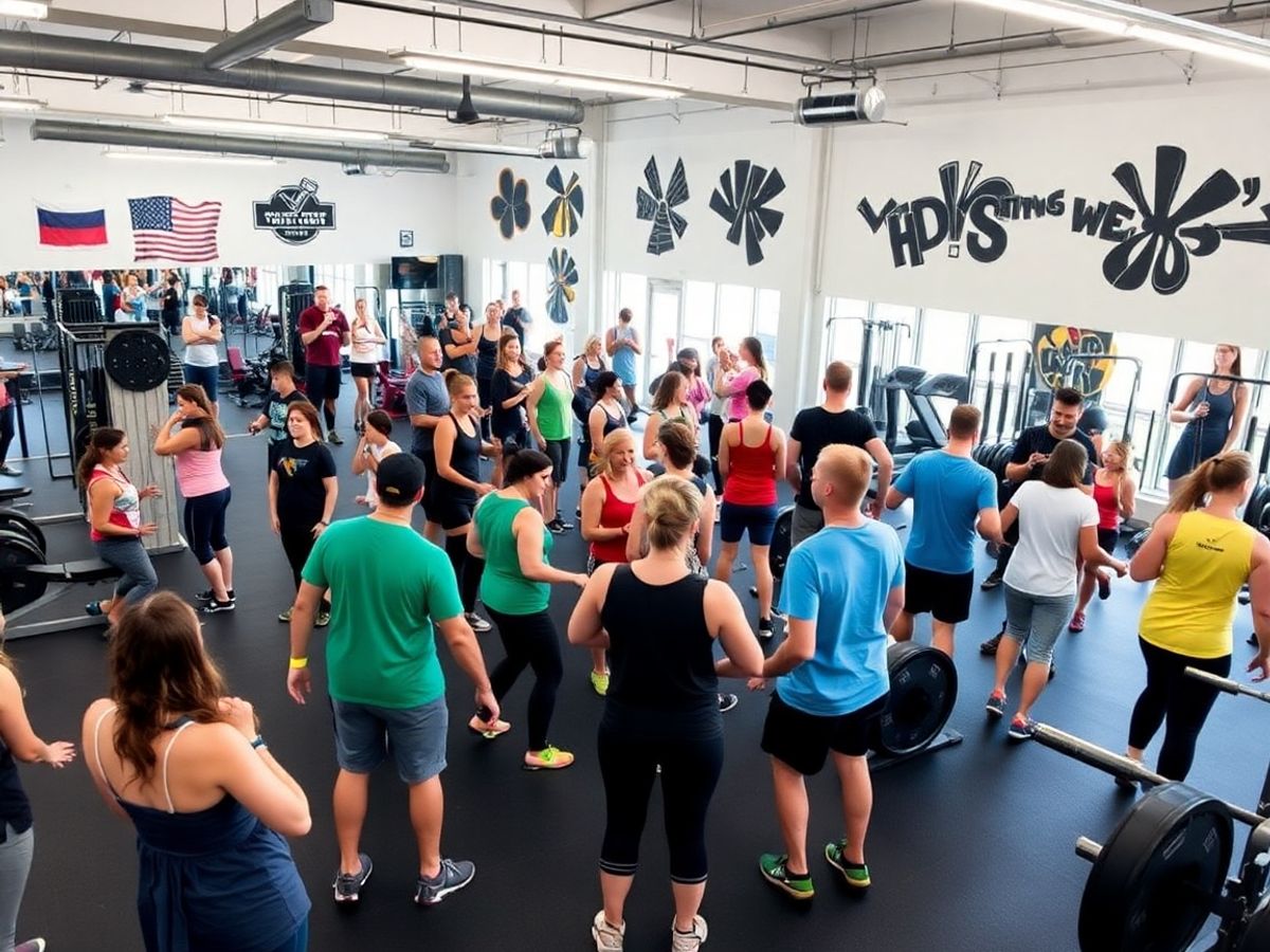 Persoane la sală, activități fitness și echipamente diverse.