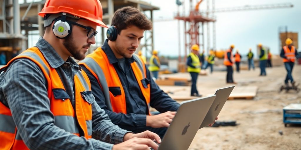 Construction site with technicians working on laptops.