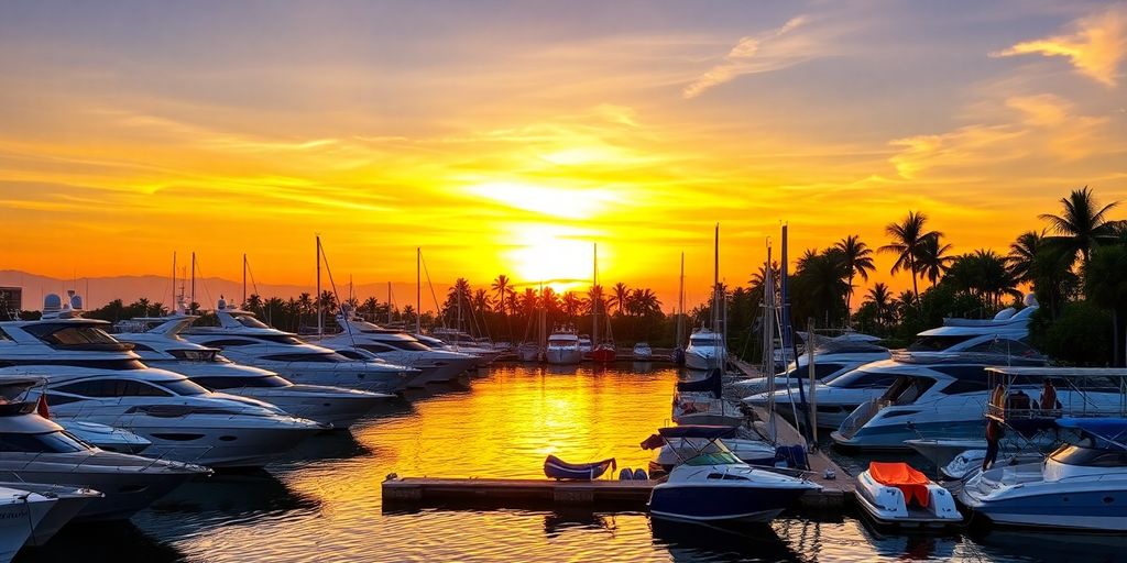 Boats docked peacefully in a vibrant marina at sunset.