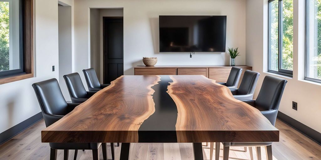 Modern conference room with a large wooden table and chairs.