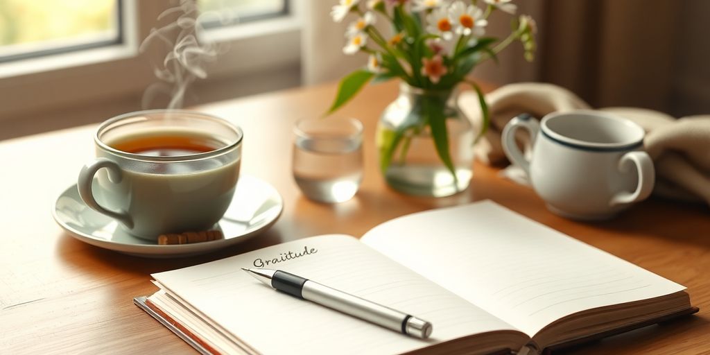 Open gratitude journal with tea and flowers on table.