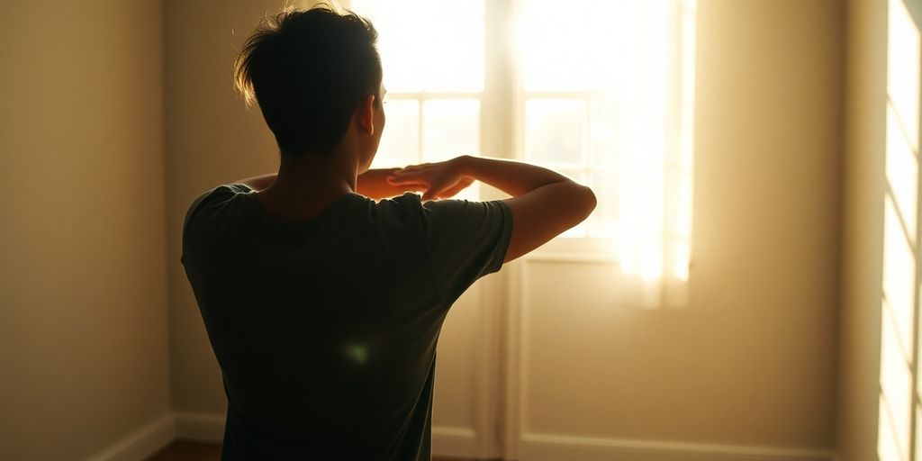 Person stretching in morning light, serene and calm.