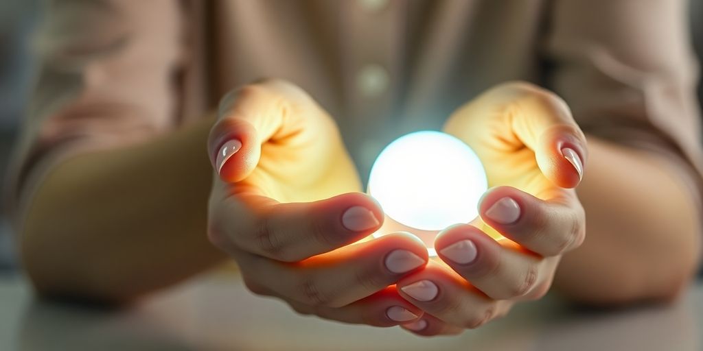 A glowing lightbulb hovers above a creative person's hand.