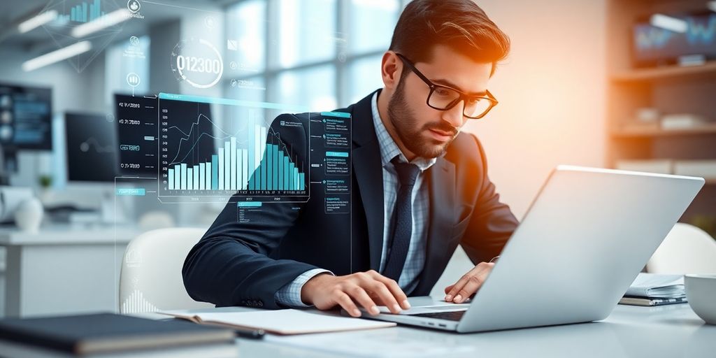 Auditor analyzing blockchain data in a modern office.