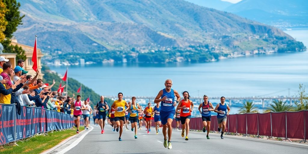 Marathon runners competing on a scenic racecourse.