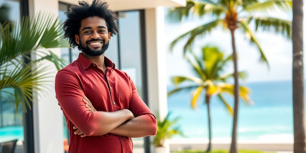 Entrepreneur guadeloupéen filmant son entreprise avec des cocotiers.