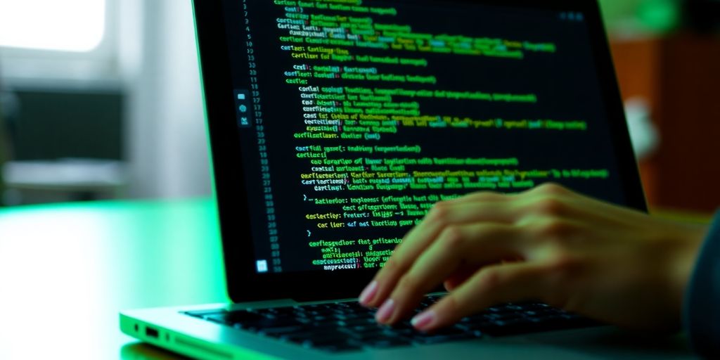 Python backend developer coding on a laptop.