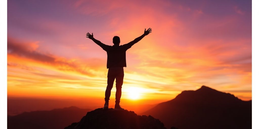 Person joyfully leaping mountain summit at sunrise.