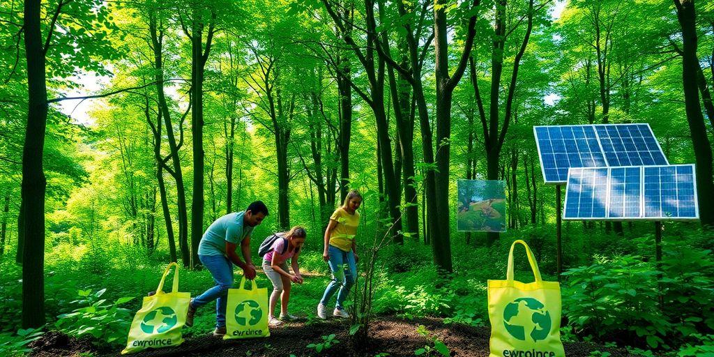 People planting trees in a green forest promoting sustainability.