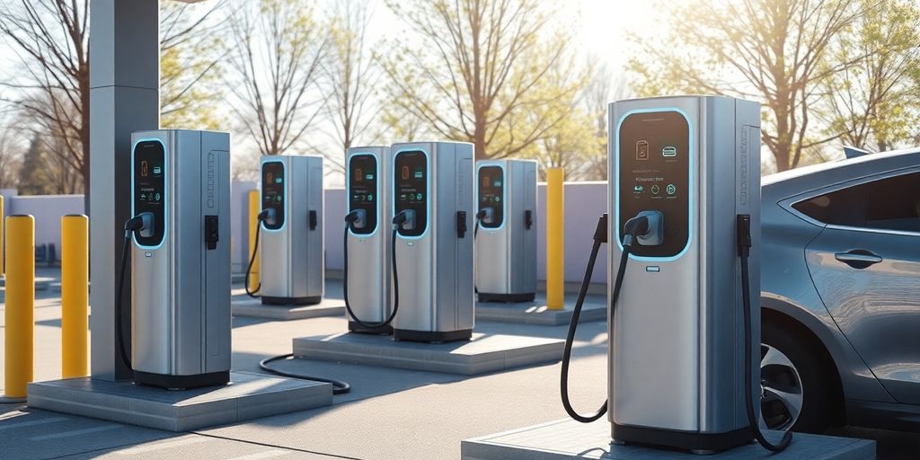 Bornes de recharge électriques dans un paysage urbain moderne.