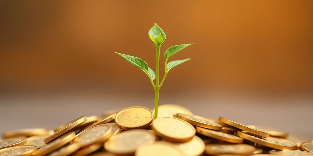 Golden coins and a sprouting plant.