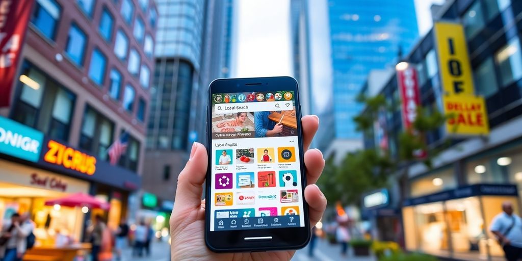 Mobile device with local search results in urban landscape.