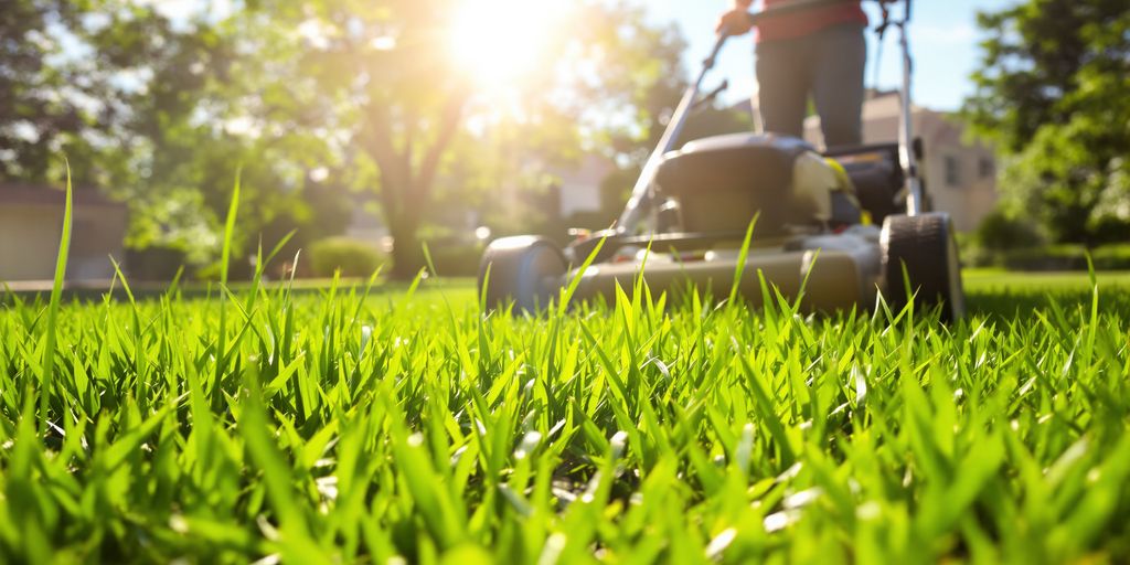 Man mowing a healthy, green lawn on a sunny day.