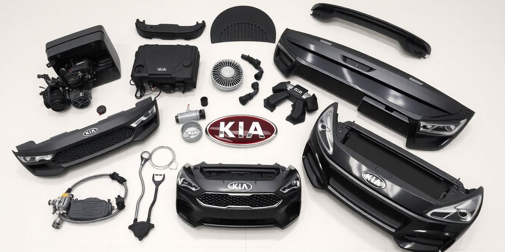 New Kia car parts laid out cleanly.