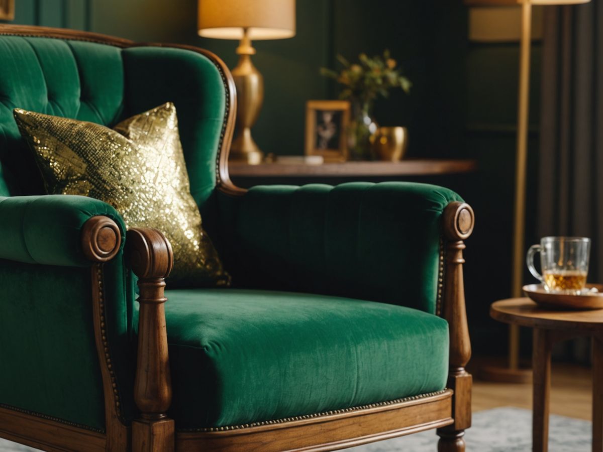 Green armchair paired with metallics and wood elements.
