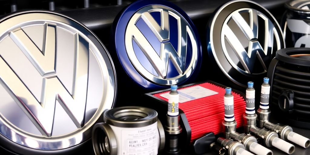 Volkswagen emblem and car parts.