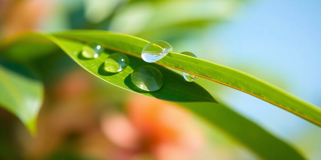 Green leaf with water drops, focused.