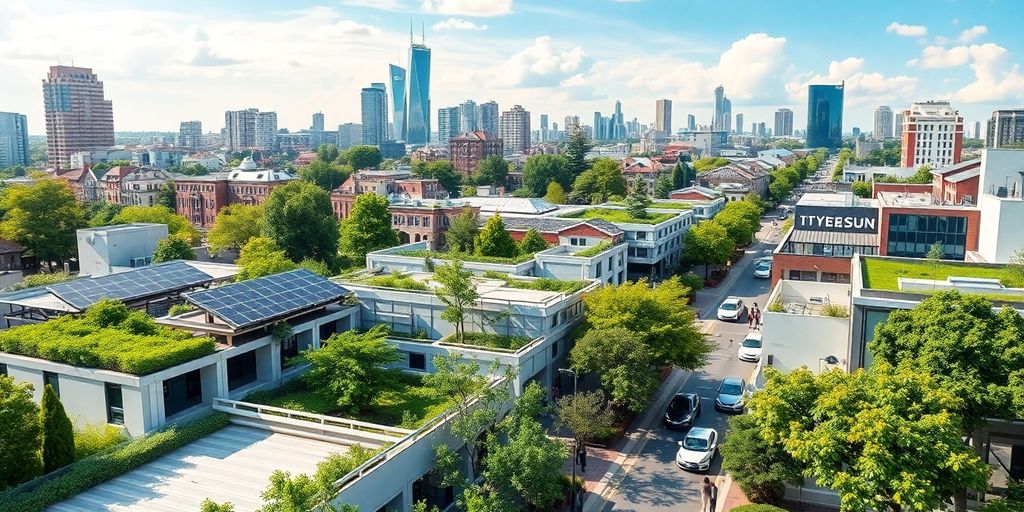 City skyline with green roofs and electric vehicles.