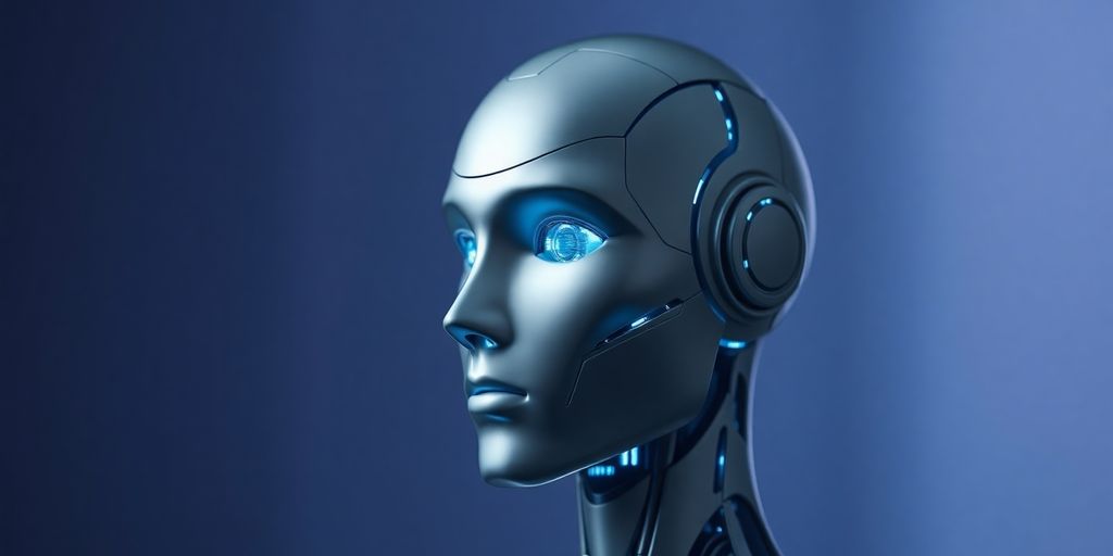 Minimalist robot head, glowing circuits, futuristic, smart AI.