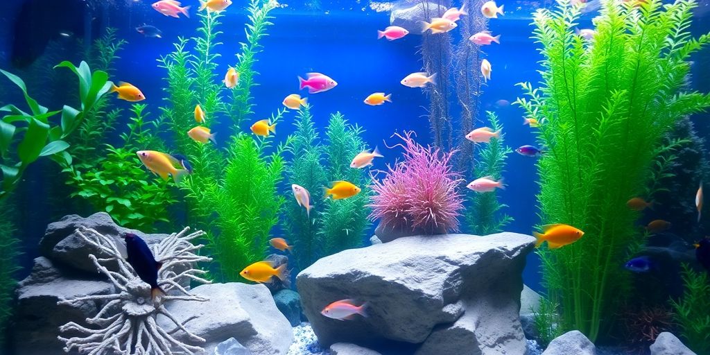 Makukulay na aquarium na may isda at mga aquatic plants.