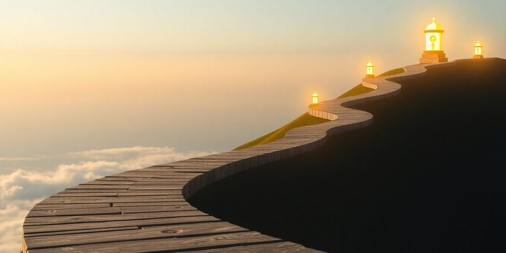 Upward trending path with glowing safe assets.