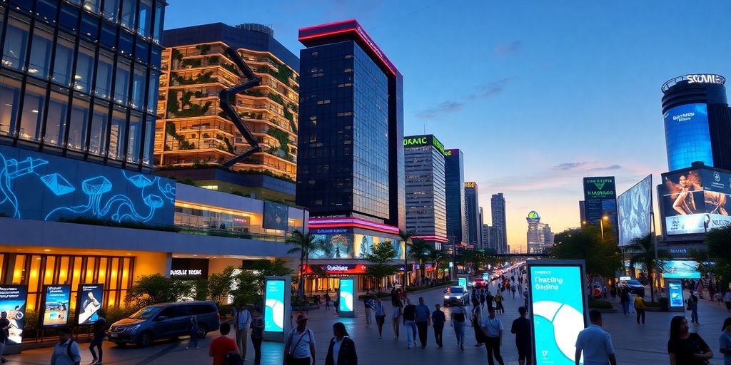 Cityscape with modern infrastructure and people.