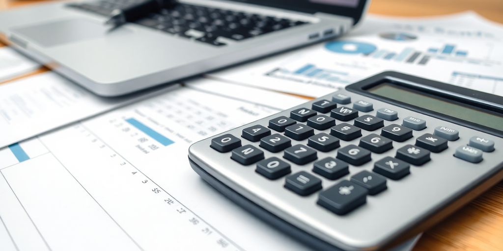 Calculator and business documents on a desk for financial planning.