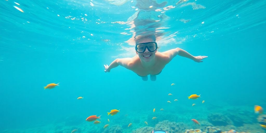 Colorful fish swim among coral reefs in clear ocean