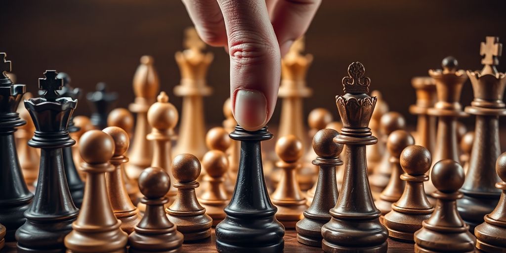 A large hand manipulating chess pieces.