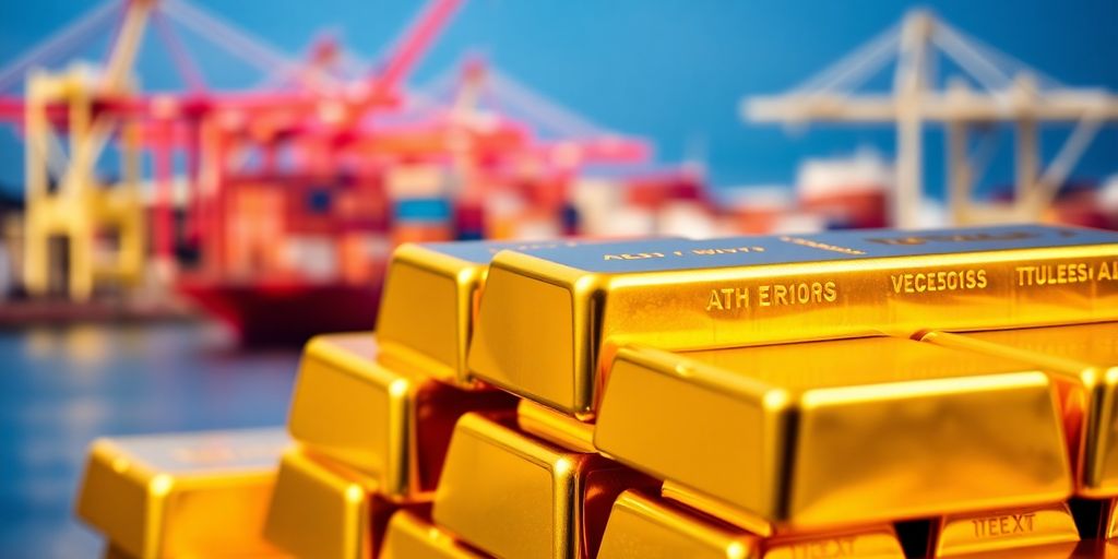 Barres d'or empilées avec arrière-plan flou de port.