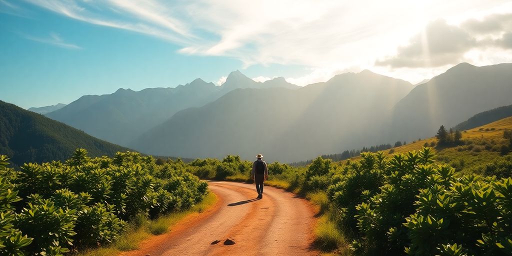 Person walking path towards sunny mountain vista.