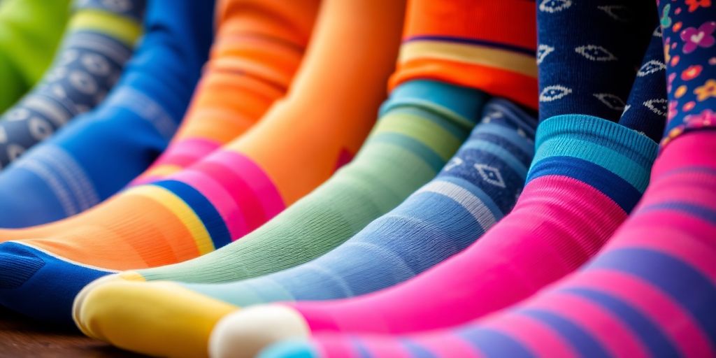 Variety of colorful plus-size compression socks displayed together.