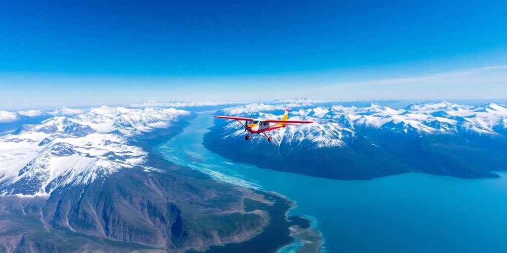 An aerial view of majestic snow-capped Alaskan mountains and glaciers.