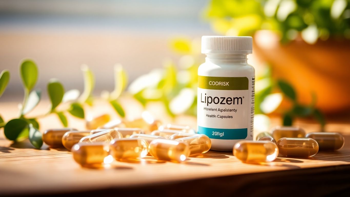 Close-up of Lipozem capsules on a wooden surface.