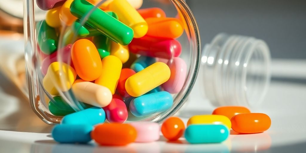 Colorful supplements in a clear glass bottle